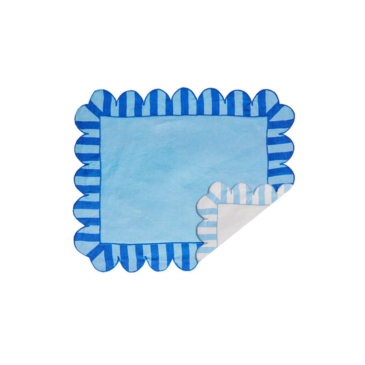 Blue Jardin Embroidered Linen Scalloped Stripe Double-Sided Placemats (Set of 4)