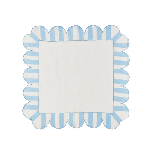 Blue Jardin Embroidered Linen Scalloped Stripe Napkins (Set of 4)