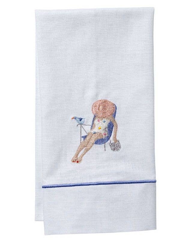 Siesta Lady Guest Towel - White Linen, Satin Stitch
