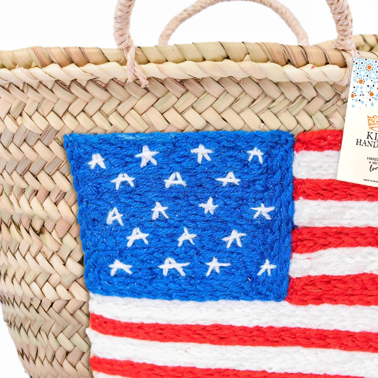 Handcrafted Woven Straw Bag with US Flag - Patriotic Tote : NO LINING