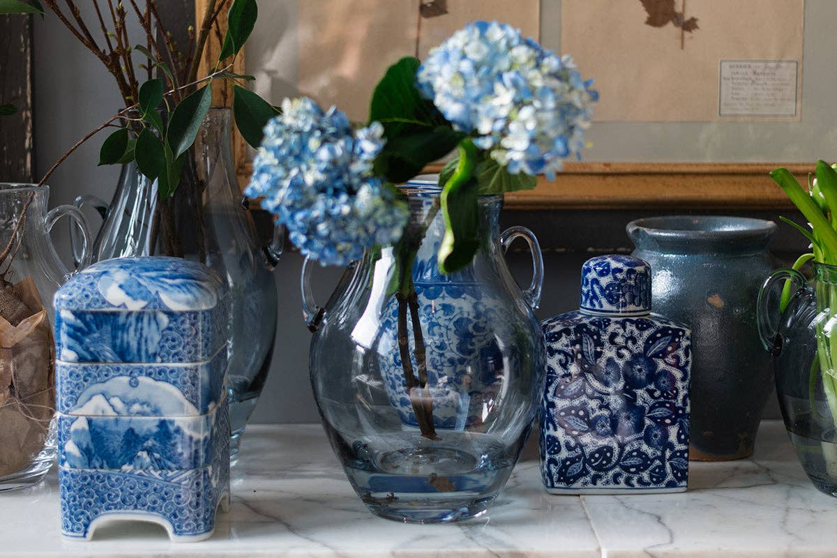 Denim Blue Glass Amphora Flower Vase with Handles, Medium