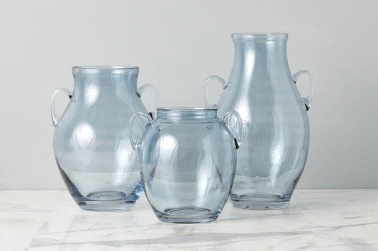 Denim Blue Glass Amphora Flower Vase with Handles, Medium