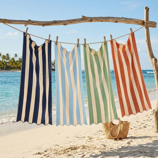 Large Scalloped Striped Beach Towel 90 x 170cm - 100% Cotton: Navy