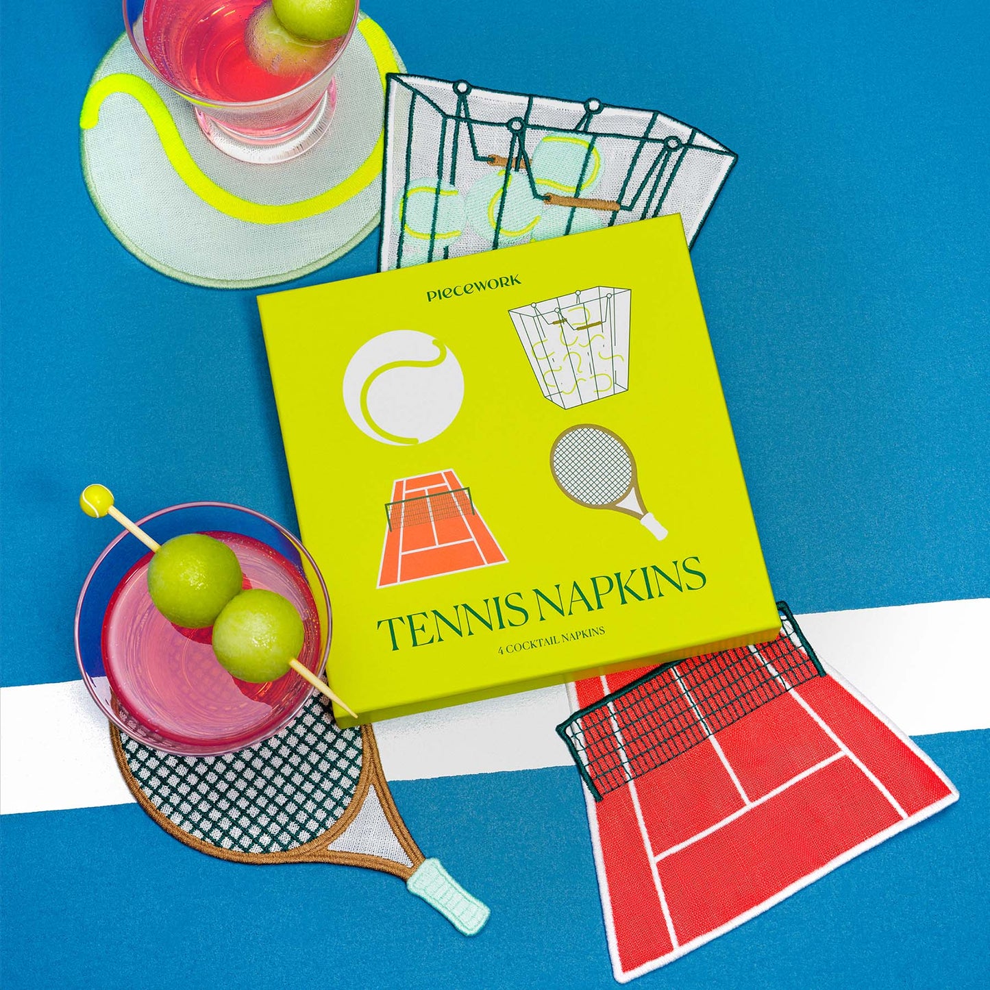 Tennis Embroidered Linen Cocktail Napkins - Set of 4