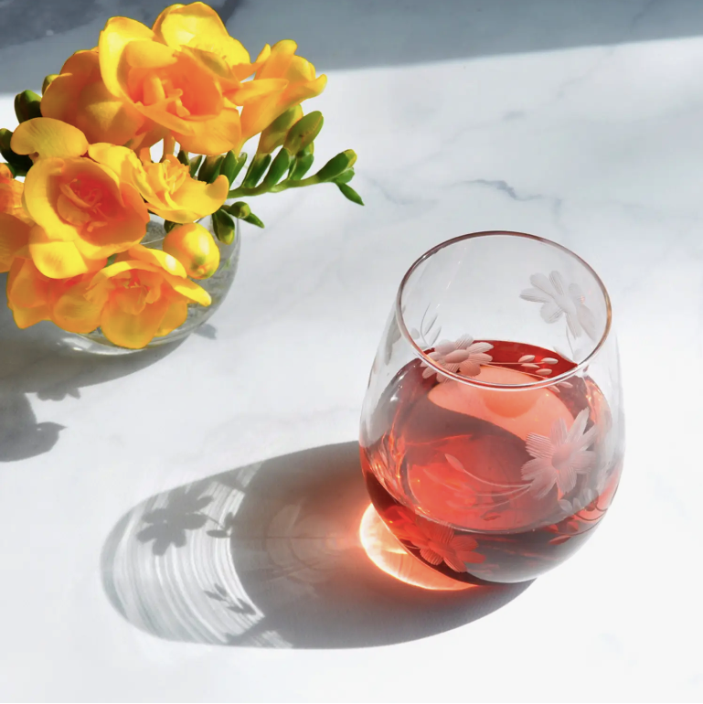 Hand Engraved Stemless Floral Wine Glasses - Set of 2