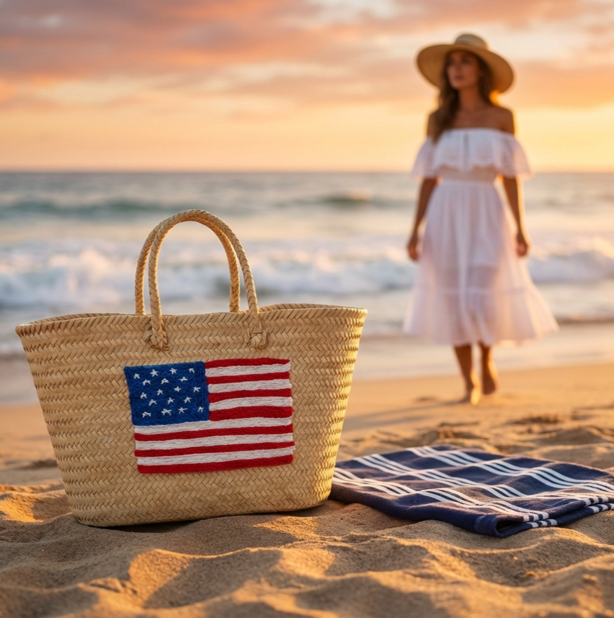 Moroccan Straw Tote with USA Flag – Beach & Market Bag