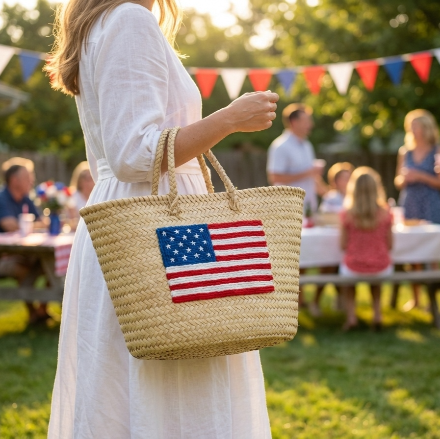 Moroccan Straw Tote with USA Flag – Beach & Market Bag