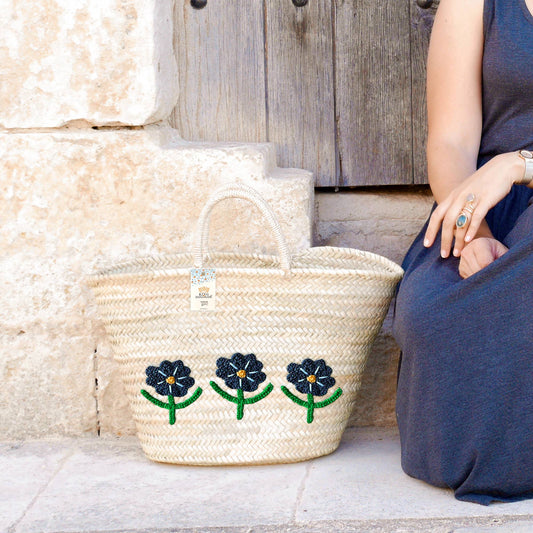 Handwoven Daisy Flower Basket - Stylish Summer bag: Medium