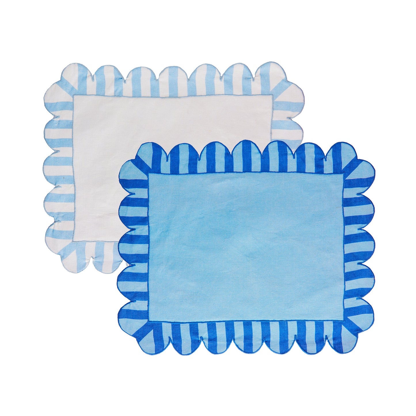 Blue Jardin Embroidered Linen Scalloped Stripe Double-Sided Placemats (Set of 4)