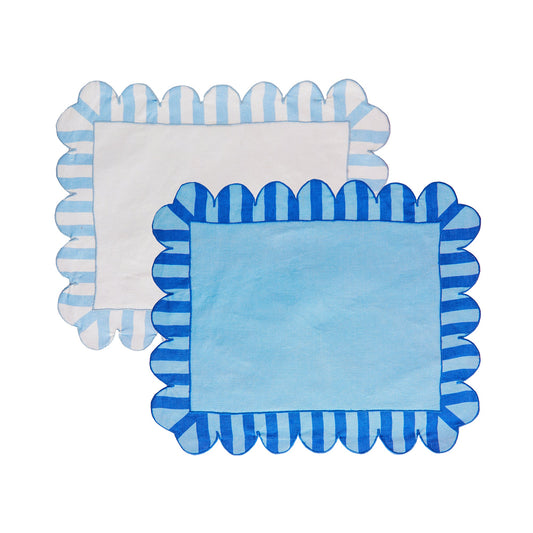 Blue Jardin Embroidered Linen Scalloped Stripe Double-Sided Placemats (Set of 4)