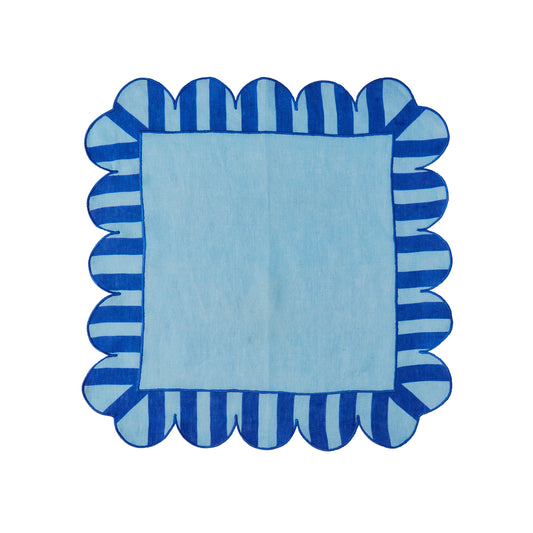 Jardin Embroidered Linen Scalloped Stripe Napkins with Color Backing in Blue (Set of 4)