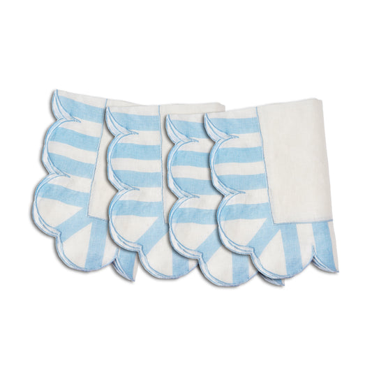 Blue Jardin Embroidered Linen Scalloped Stripe Napkins (Set of 4)