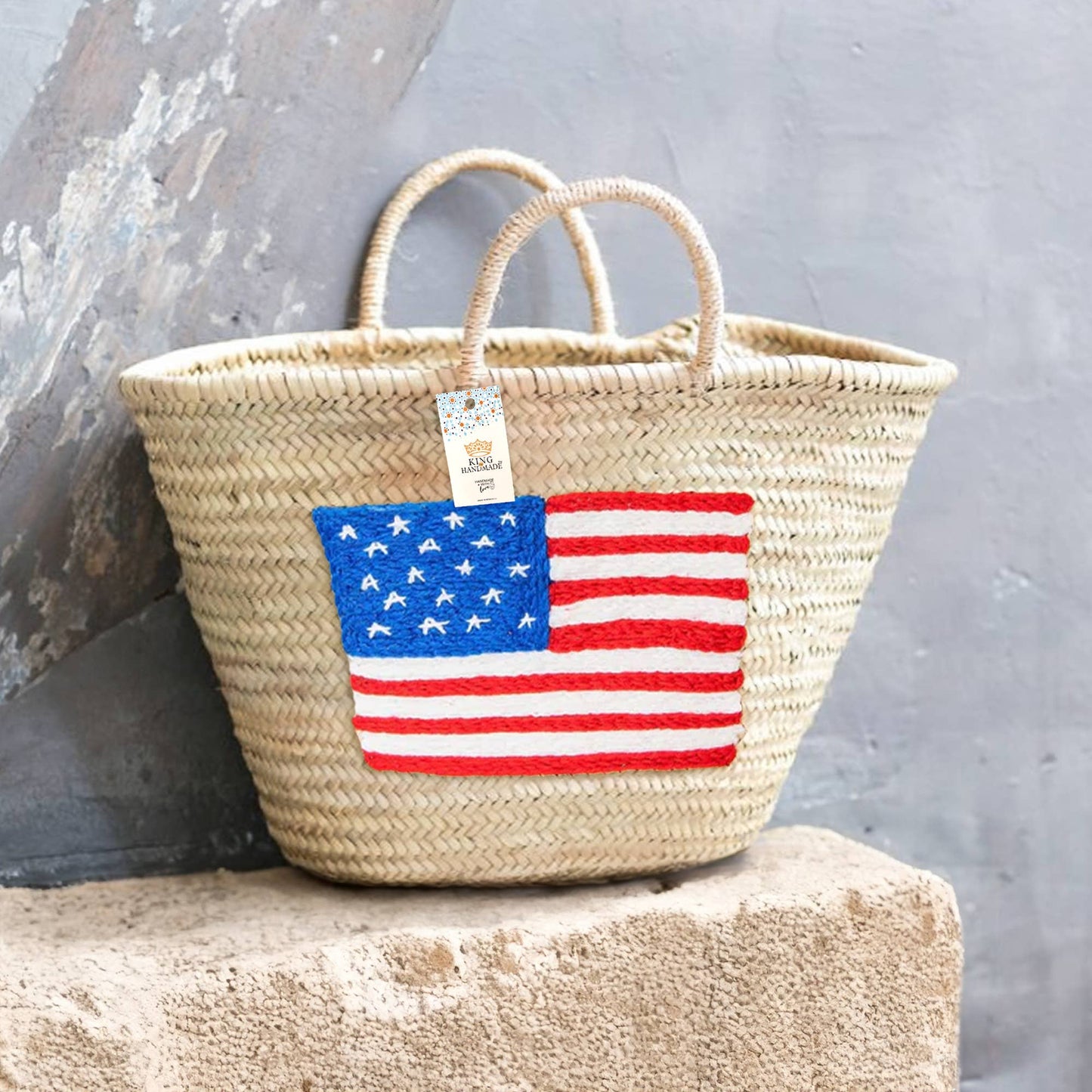 Handcrafted Woven Straw Bag with US Flag - Patriotic Tote : NO LINING