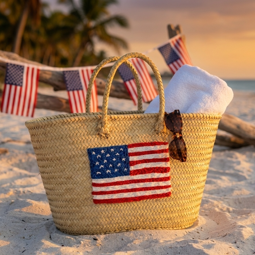 Moroccan Straw Tote with USA Flag – Beach & Market Bag