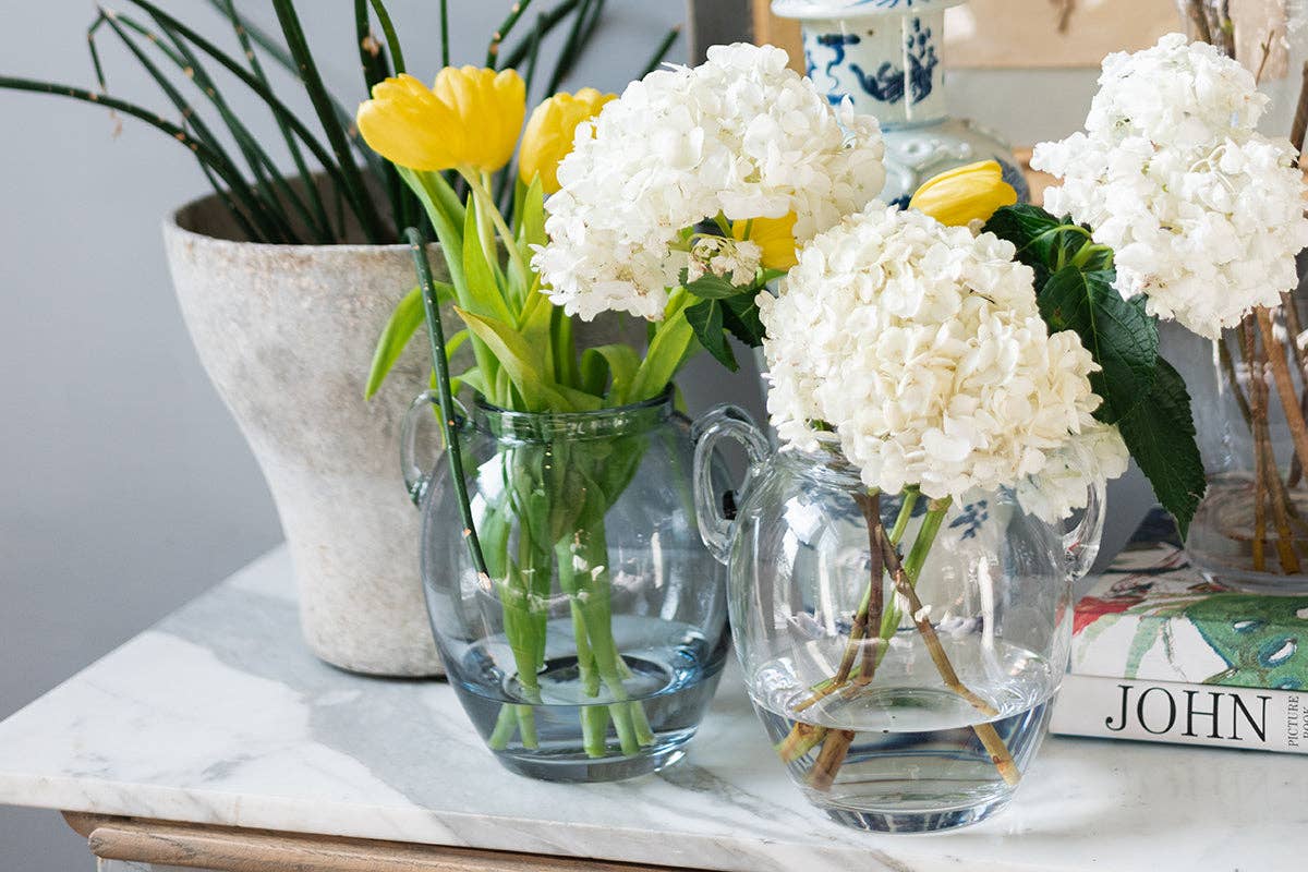 Denim Blue Glass Amphora Flower Vase with Handles, Small