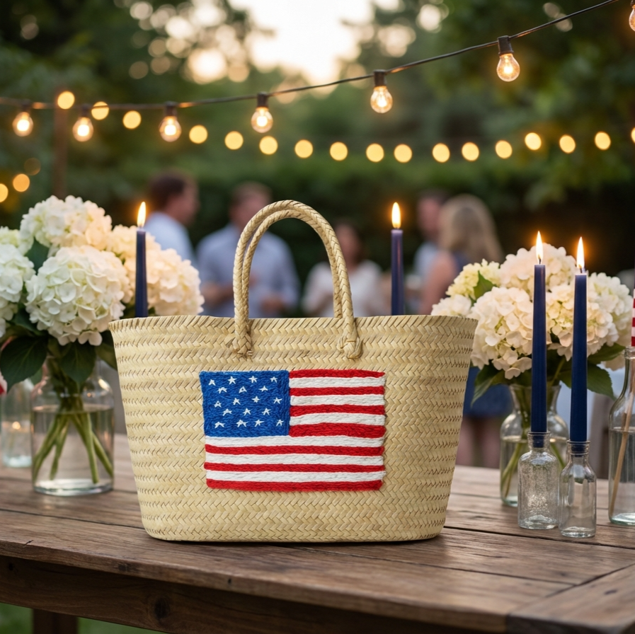 Moroccan Straw Tote with USA Flag – Beach & Market Bag