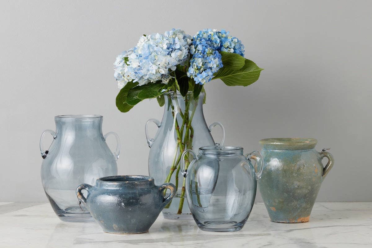 Denim Blue Glass Amphora Flower Vase with Handles, Medium