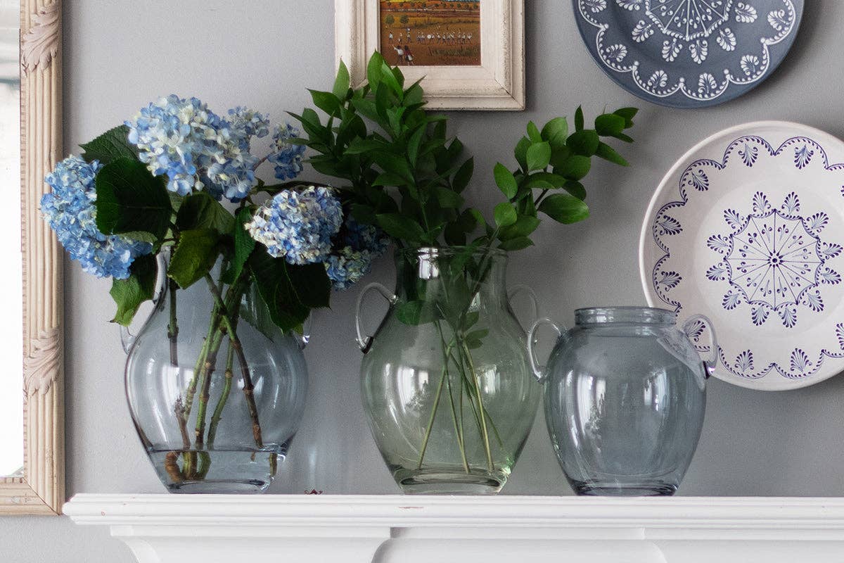 Denim Blue Glass Amphora Flower Vase with Handles, Medium
