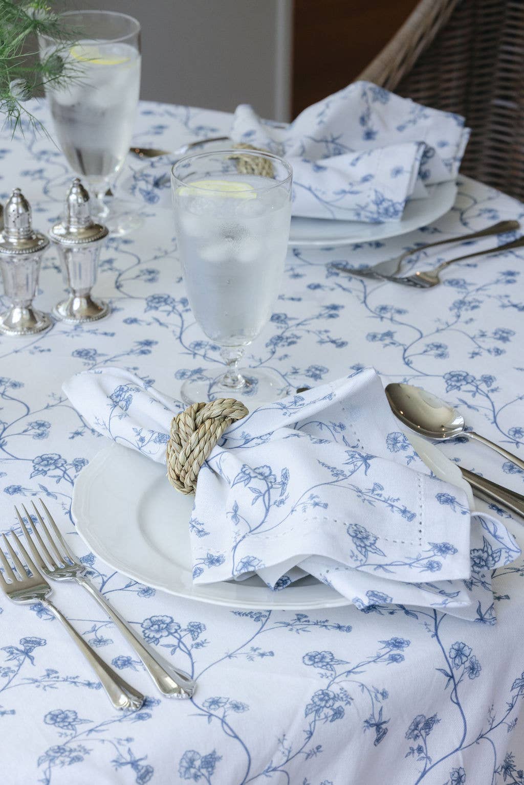 Delft Blue Floral Cotton Tablecloth, Coastal Summer Decor: Garden Vine Delft Blue / 66 x 120 inches
