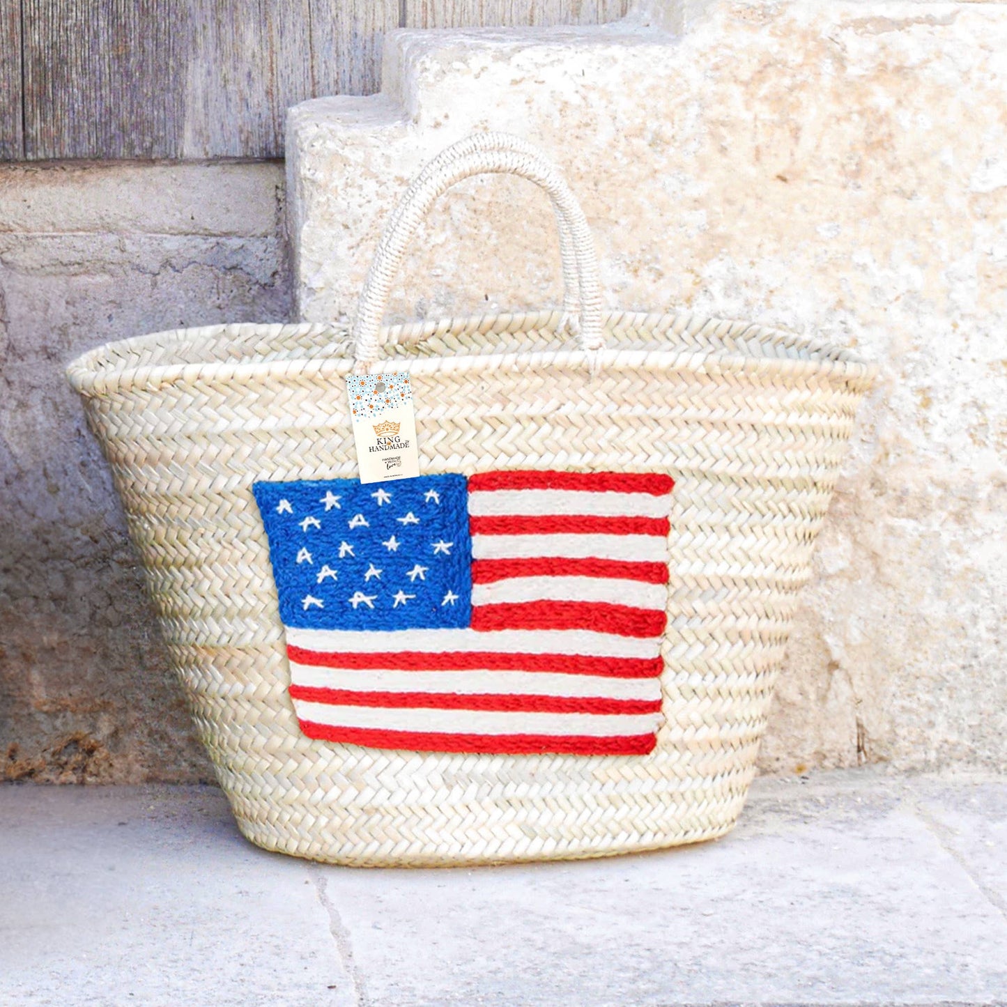 Handcrafted Woven Straw Bag with US Flag - Patriotic Tote : NO LINING