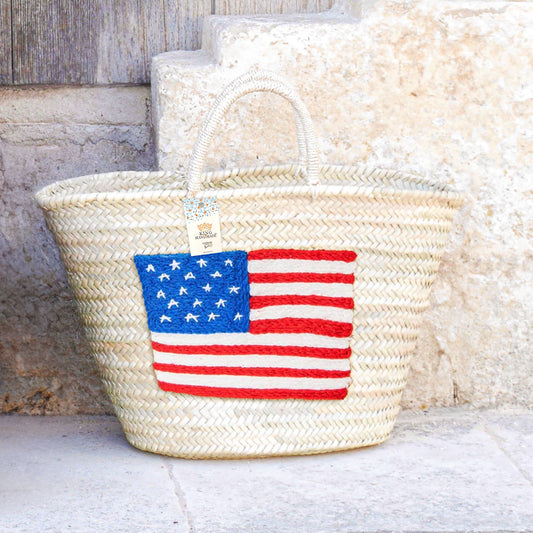 Handcrafted Woven Straw Bag with US Flag - Patriotic Tote : NO LINING