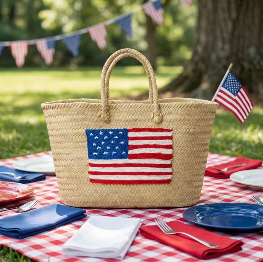Moroccan Straw Tote with USA Flag – Beach & Market Bag