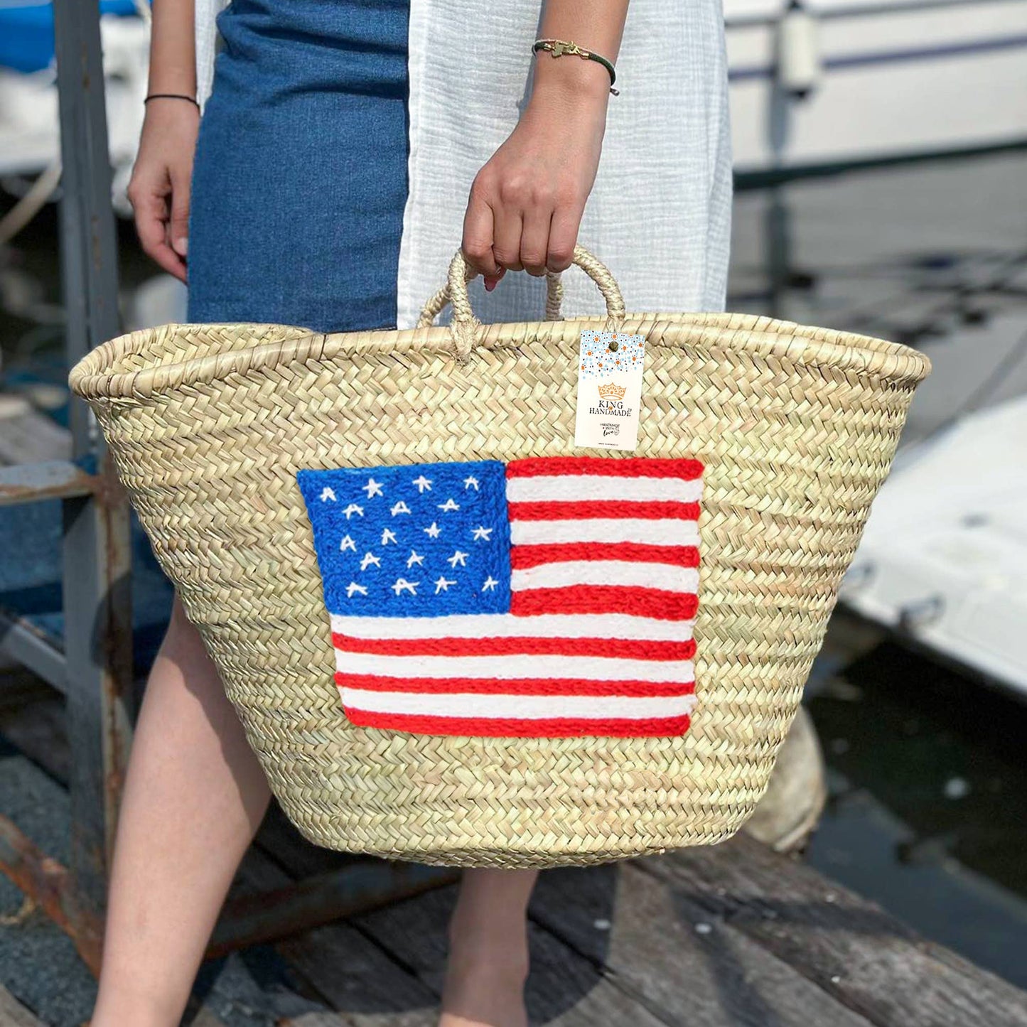Handcrafted Woven Straw Bag with US Flag - Patriotic Tote : NO LINING