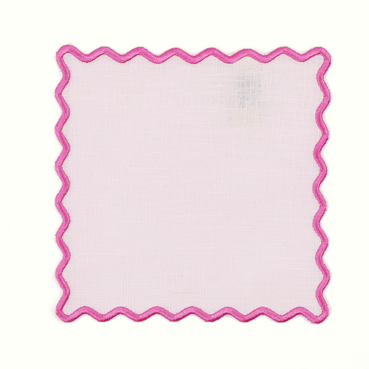 Scalloped Pink Linen Square Cocktail Napkins - Set of 4