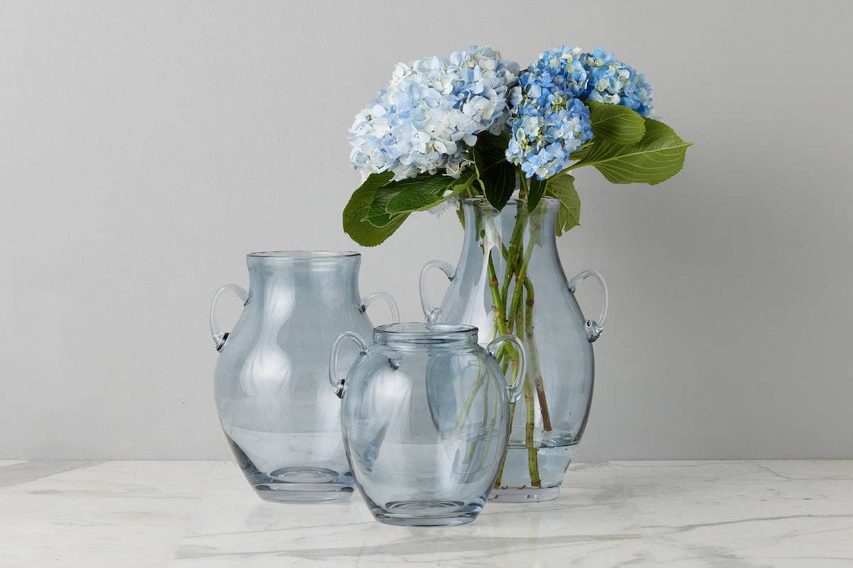 Denim Blue Glass Amphora Flower Vase with Handles, Medium