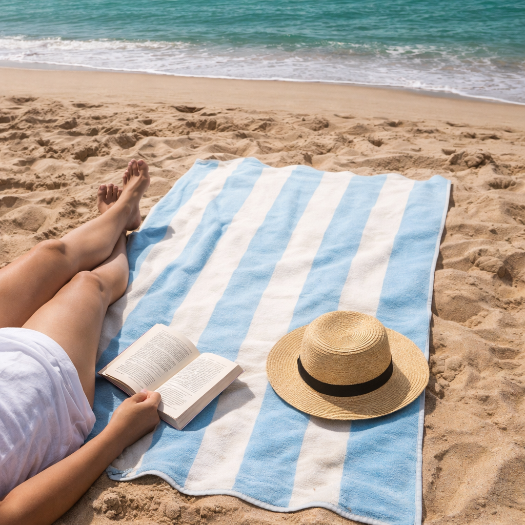 Large Scalloped Striped Beach Towel 90 x 170cm - 100% Cotton: Ice Blue