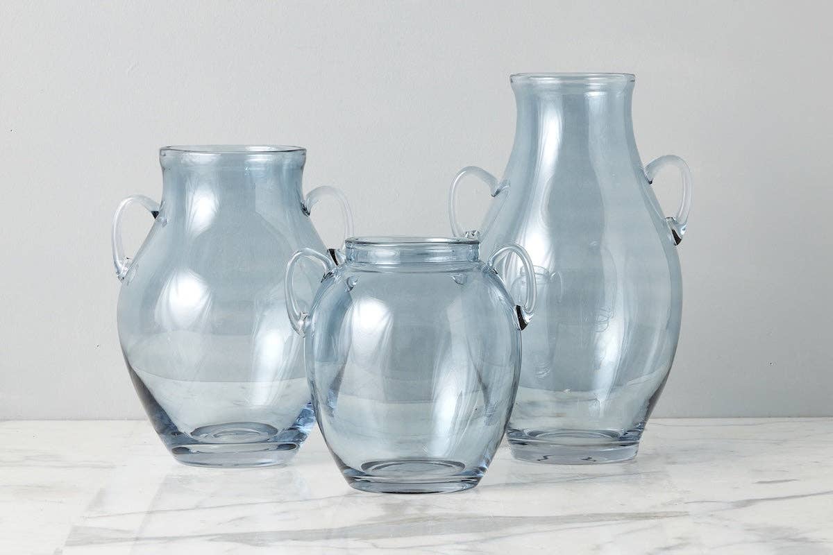 Denim Blue Glass Amphora Flower Vase with Handles, Small