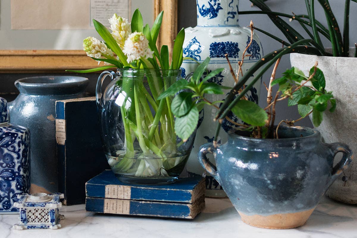 Denim Blue Glass Amphora Flower Vase with Handles, Small
