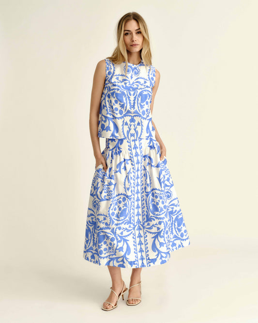 Linda Shell Top-Faraway Print-Provence Blue