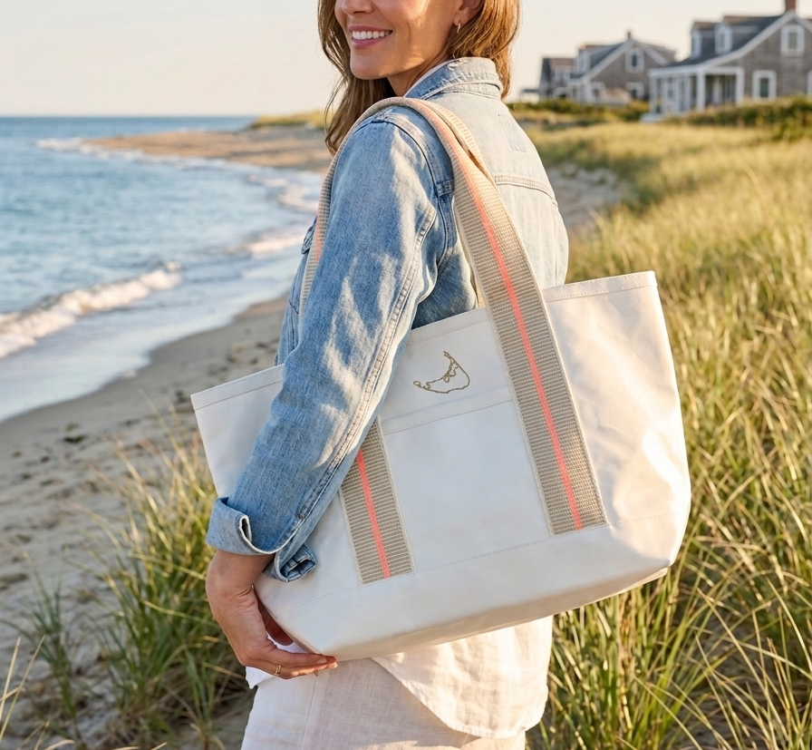 Woman holding a tote bag on a beach with ocean and house in the background