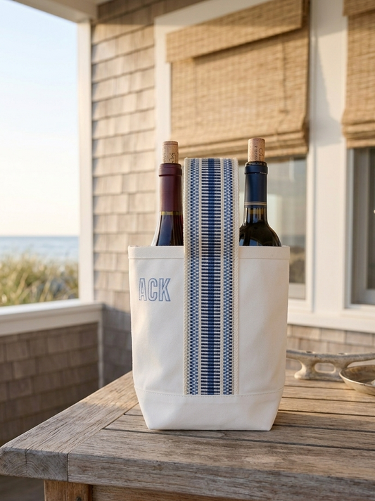 Wine Tote in Navy Check with ACK