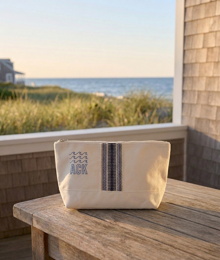 Beige pouch with 'ACK' branding on a wooden table by a window with a view of the ocean.