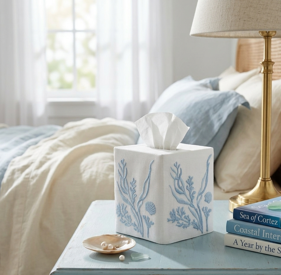 Coral & Shell Tissue Box Cover in Blue