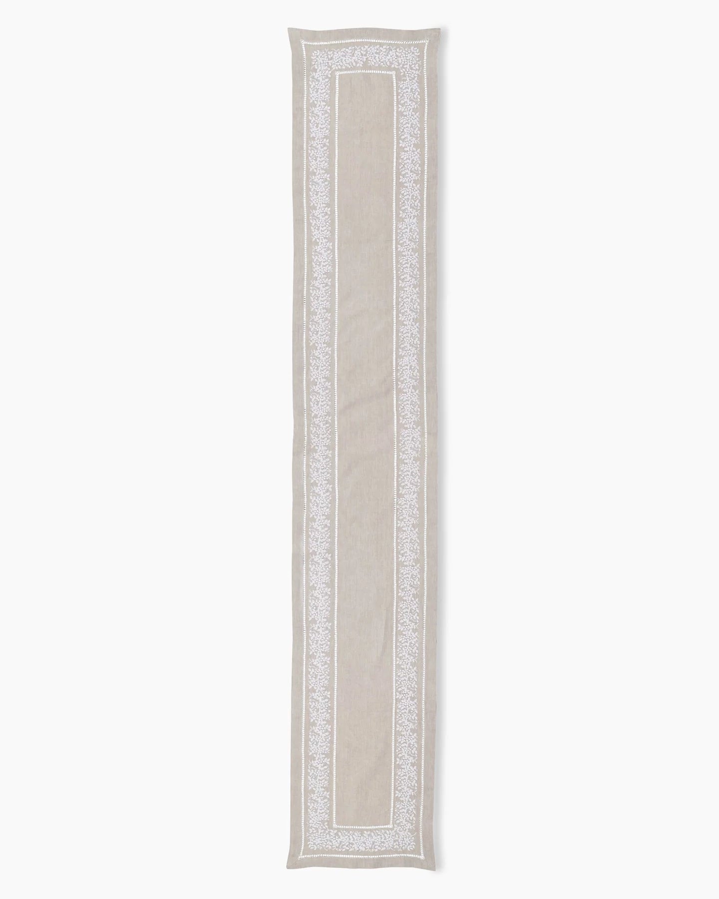 Jardin Classic Linen Table Runner - White on Taupe
