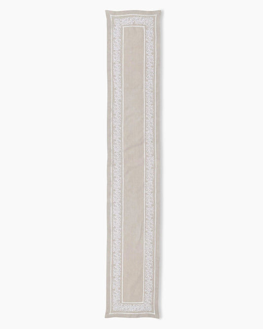 Jardin Classic Linen Table Runner - White on Taupe