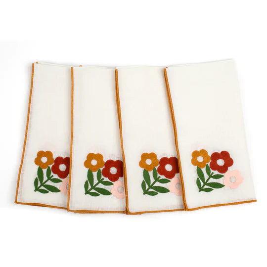 Floral Embroidered Linen Napkins in Amber (Set of 4)