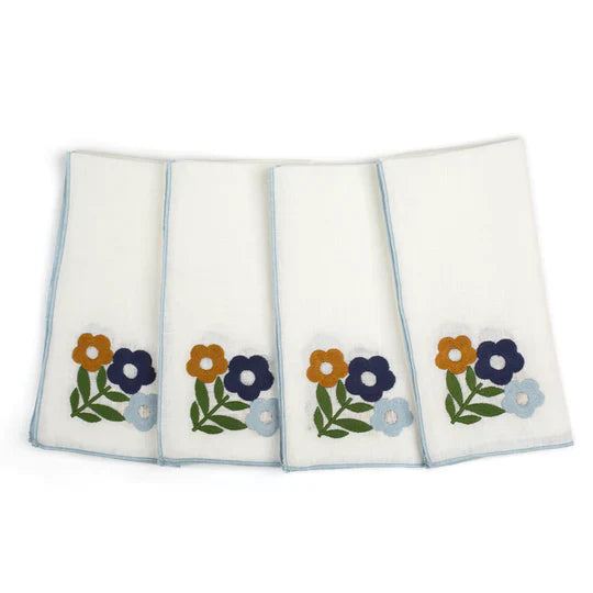 Dark Blue Floral Embroidered Linen Napkins (Set of 4)