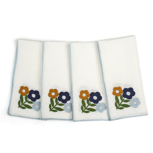 Dark Blue Floral Embroidered Linen Napkins (Set of 4)