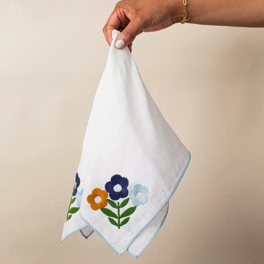 Dark Blue Floral Embroidered Linen Napkins (Set of 4)