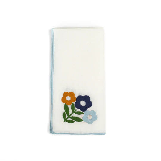 Dark Blue Floral Embroidered Linen Napkins (Set of 4)