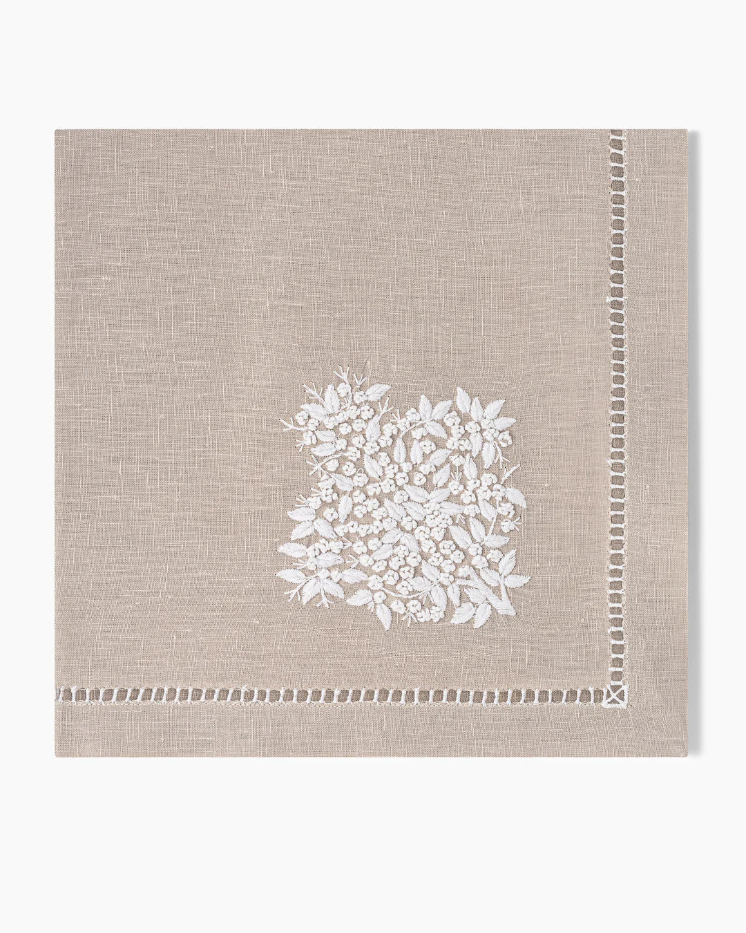 Jardin Classic Linen Dinner Napkin - White on Taupe - Set of Four
