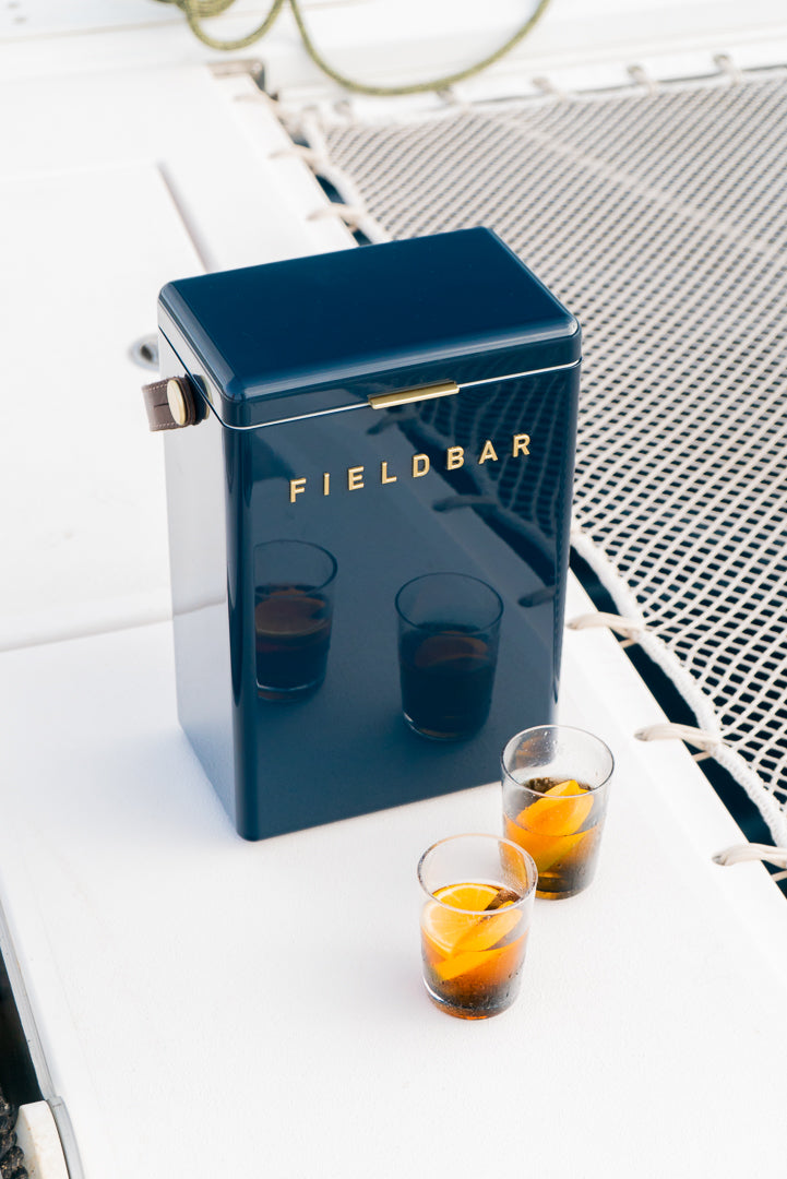 Drinks Box in Sea Boat Blue with Leather Sling