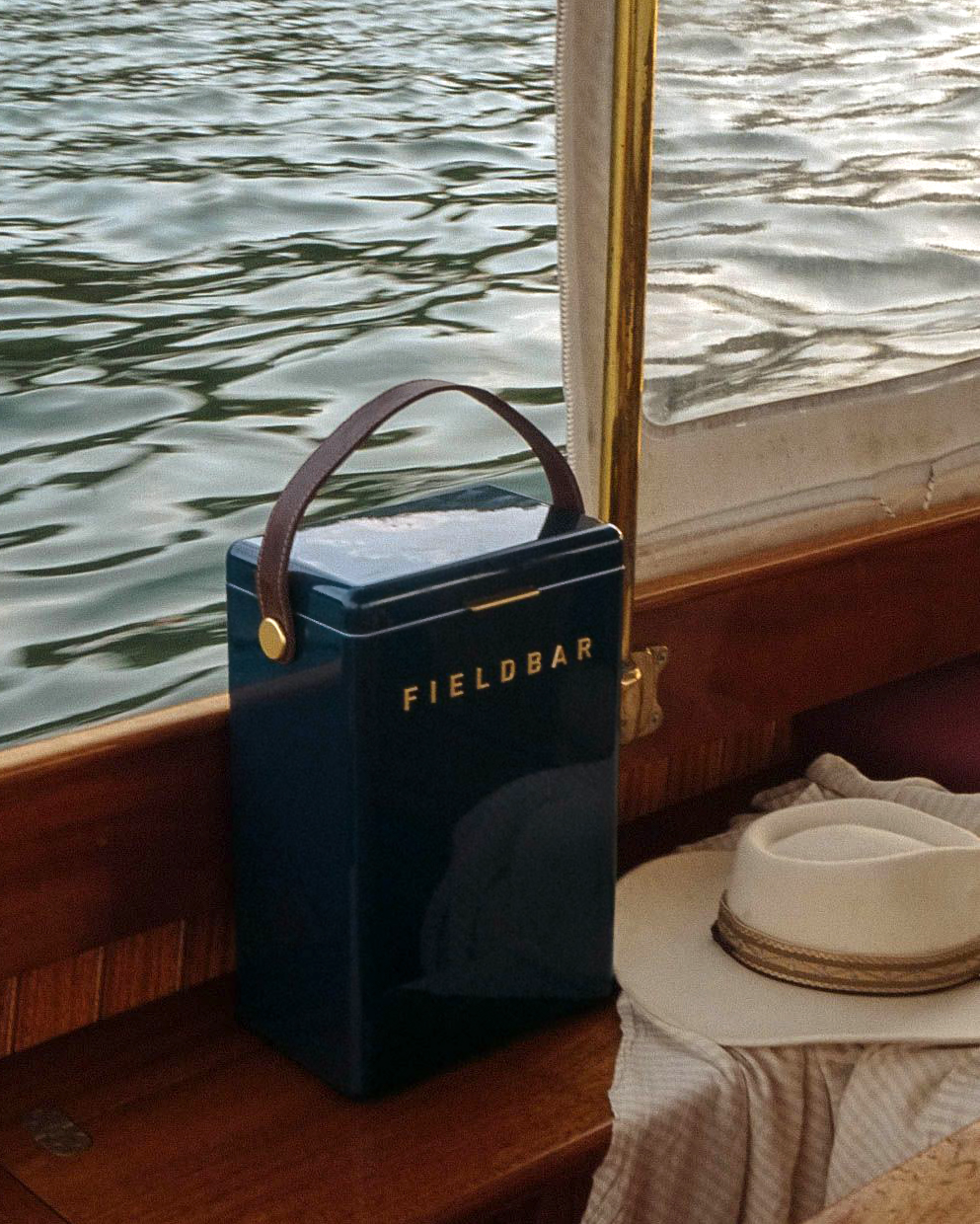Drinks Box in Sea Boat Blue with Leather Sling