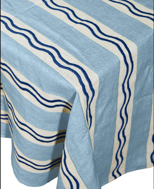 Light Blue Monaco Stripe Linen Embroidered Tablecloth