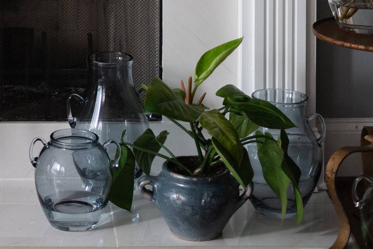 Denim Blue Glass Amphora Flower Vase with Handles, Small
