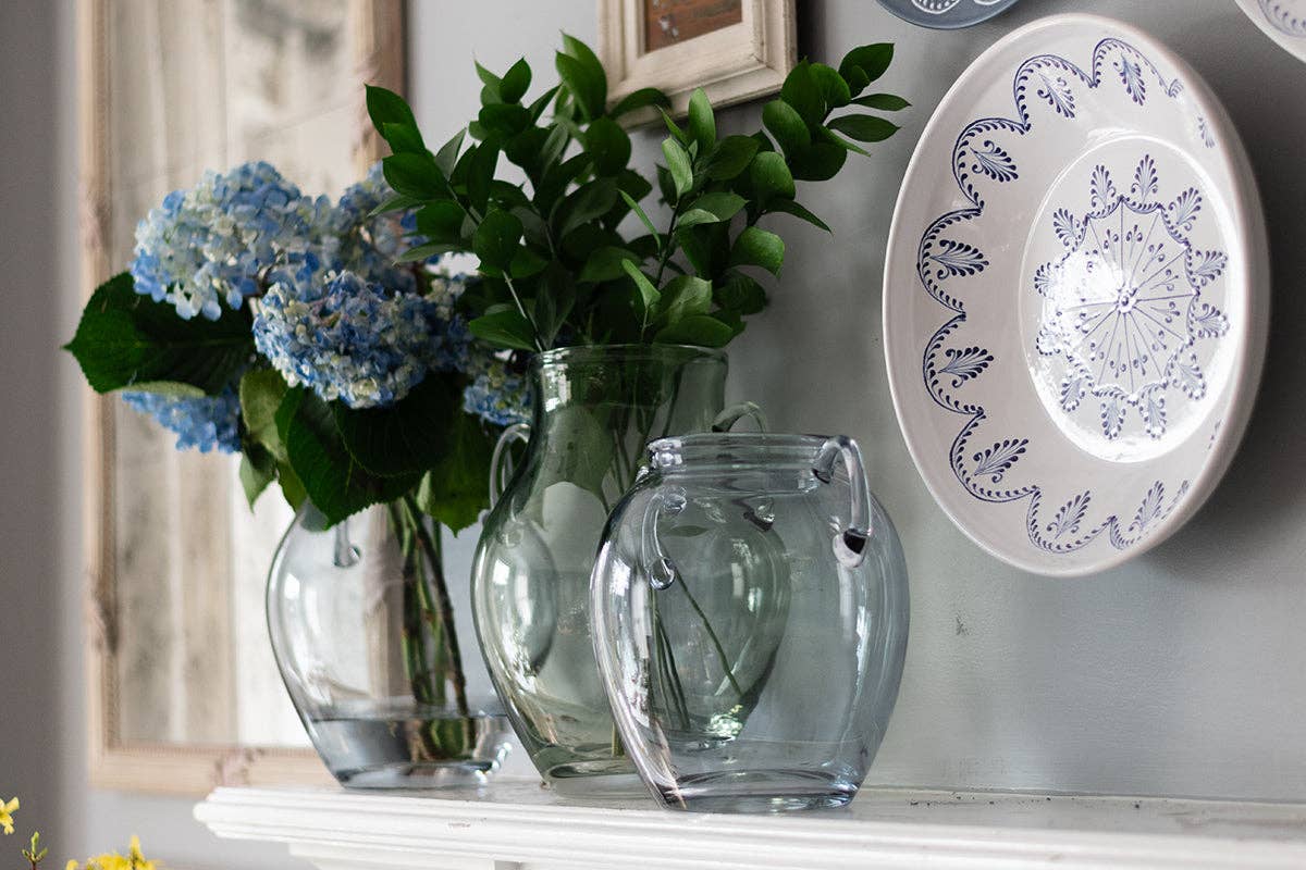 Denim Blue Glass Amphora Flower Vase with Handles, Small